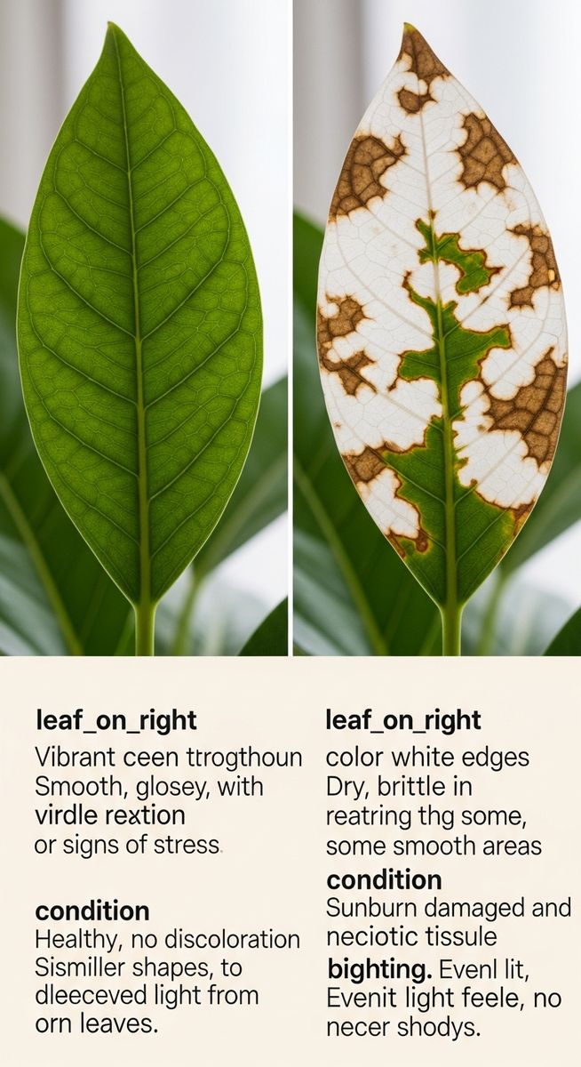 a healthy too much light plants leaf next to a sunburned one for comparison, for too much light plants