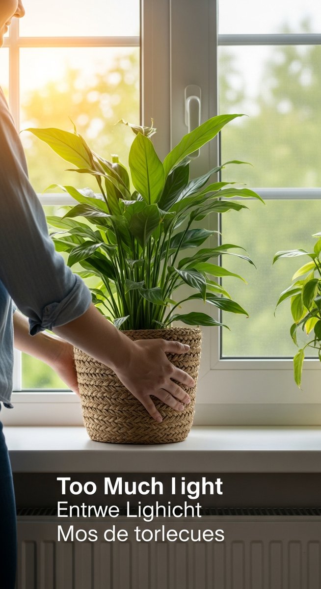 a person moving a too much light plants plant away from a harsh sunny window