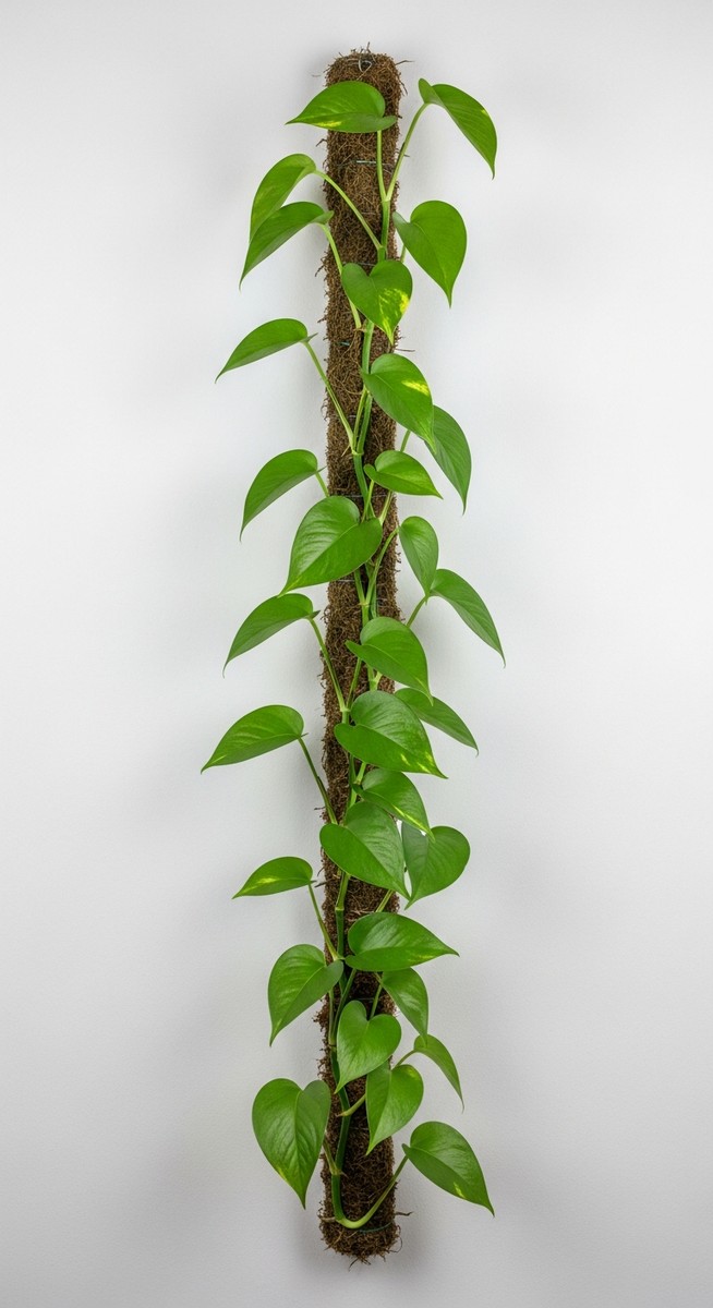 A pothos plant with its vines trained to climb up a trellis or moss pole attache