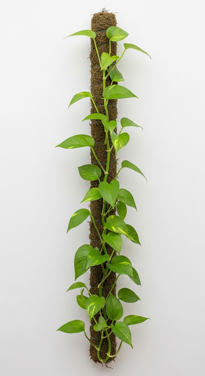 A pothos plant with its vines trained to climb up a trellis or moss pole attache, for train pothos climb
