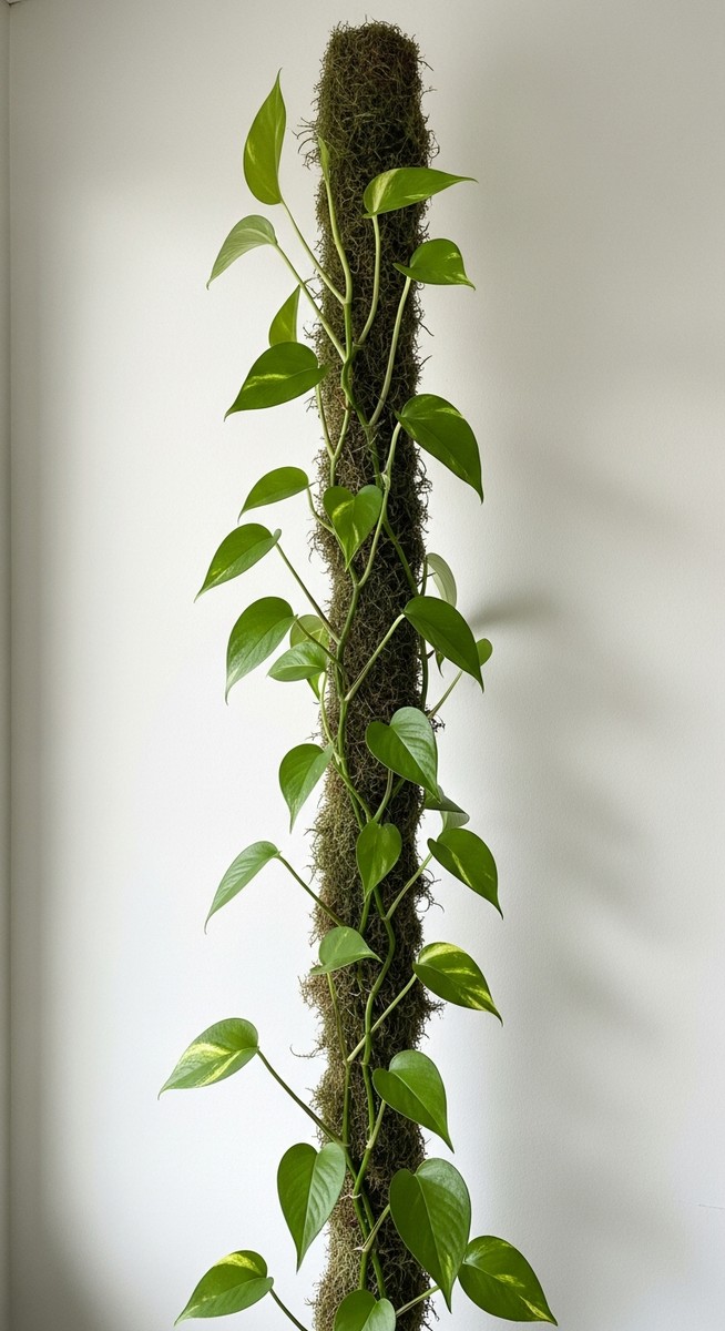 A pothos plant with its vines trained to climb up a trellis or moss pole attache