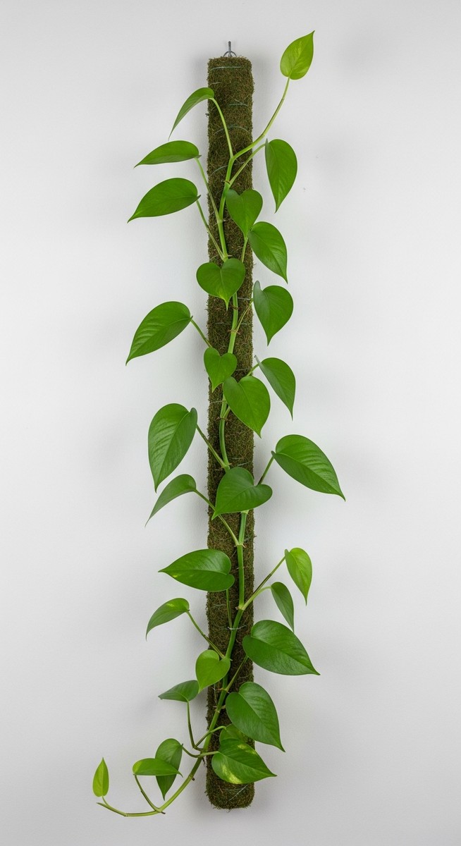 A pothos plant with its vines trained to climb up a trellis or moss pole attache, for train pothos climb