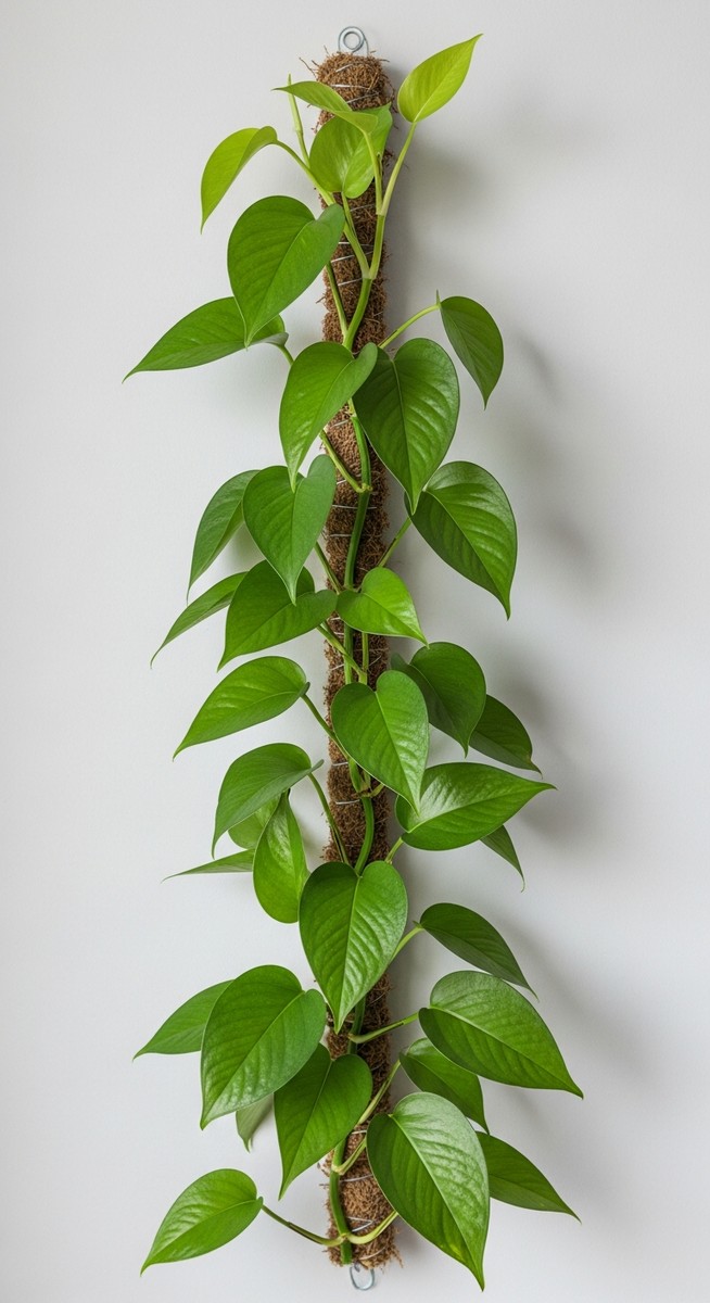 A pothos plant with its vines trained to climb up a trellis or moss pole attache