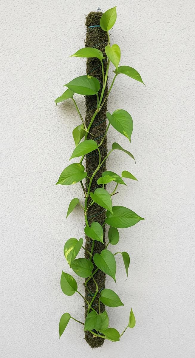 A pothos plant with its vines trained to climb up a trellis or moss pole attache, for train pothos climb
