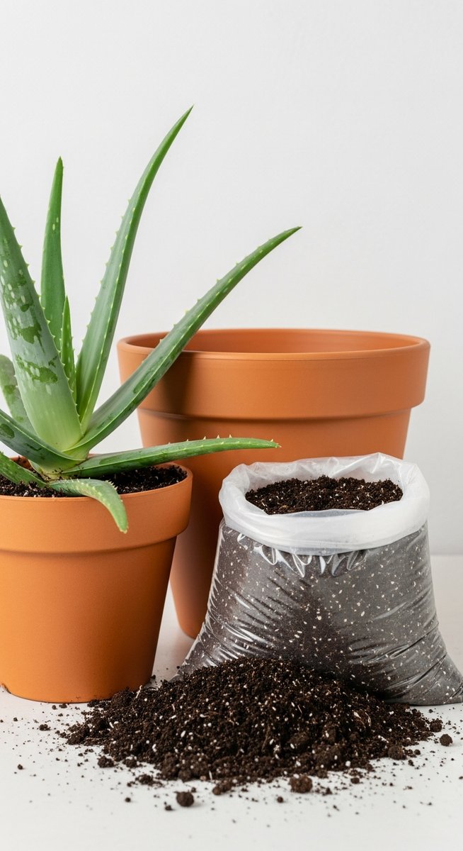 a aloe vera plant next to a larger pot and fresh potting soil ready to repot, for transplant aloe vera plant