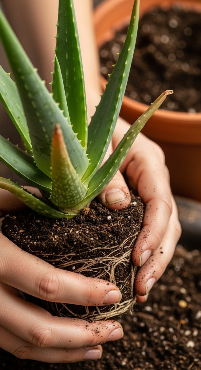 hands loosening compacted soil around a aloe vera root ball