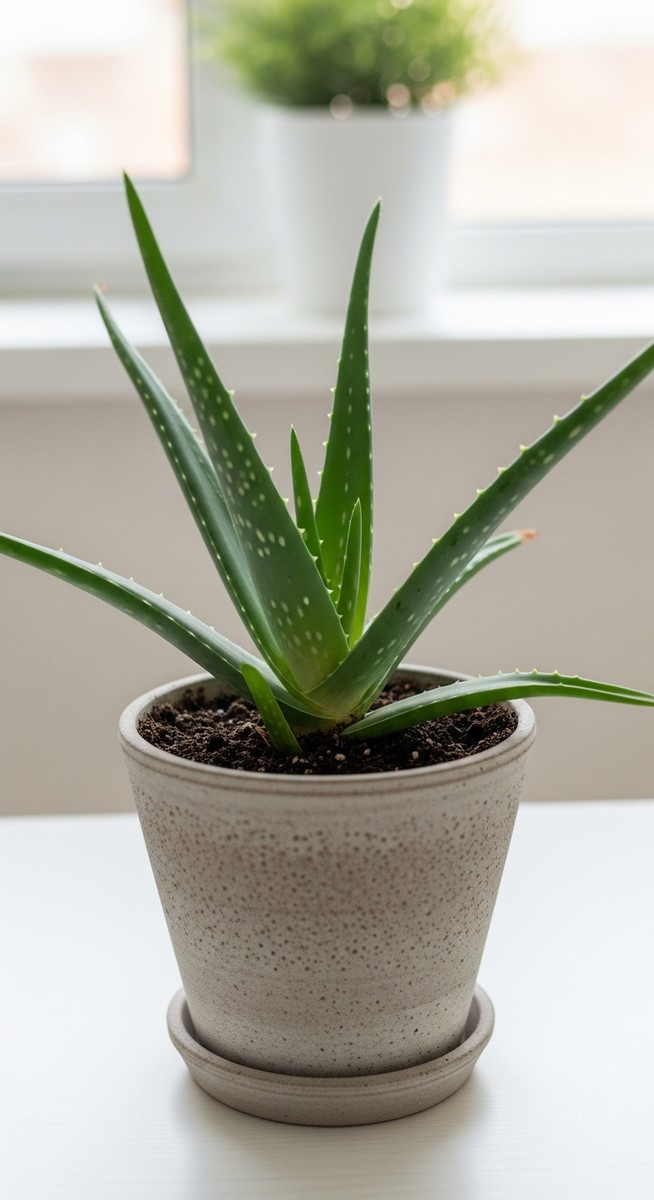 a freshly repotted aloe vera plant in a new pot with fresh soil, for transplant aloe vera plant