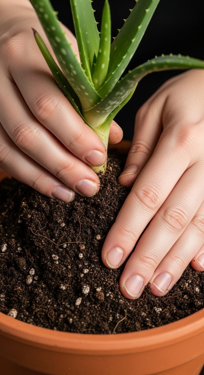 hands pressing fresh soil around a aloe vera plant in its new pot