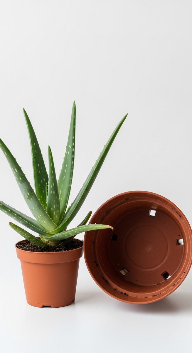 a aloe vera plant in a small pot beside a larger empty pot