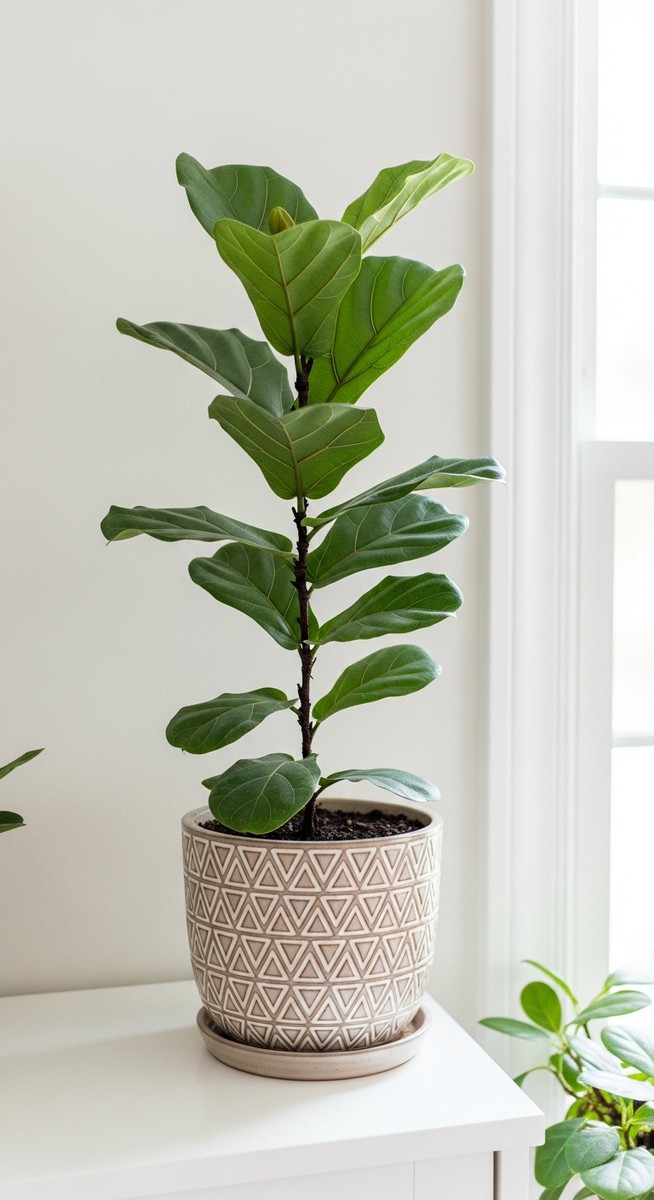 a fiddle leaf fig plant in a decorative pot on a shelf, for types fiddle leaf figs