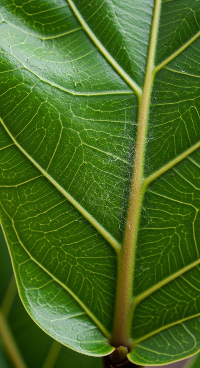 close-up of a fiddle leaf fig leaf showing webbing from spider mites