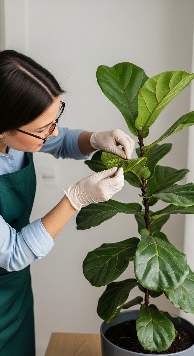 a person inspecting a fiddle leaf fig plant for signs of pest infestation, for underwatered fiddle leaf fig