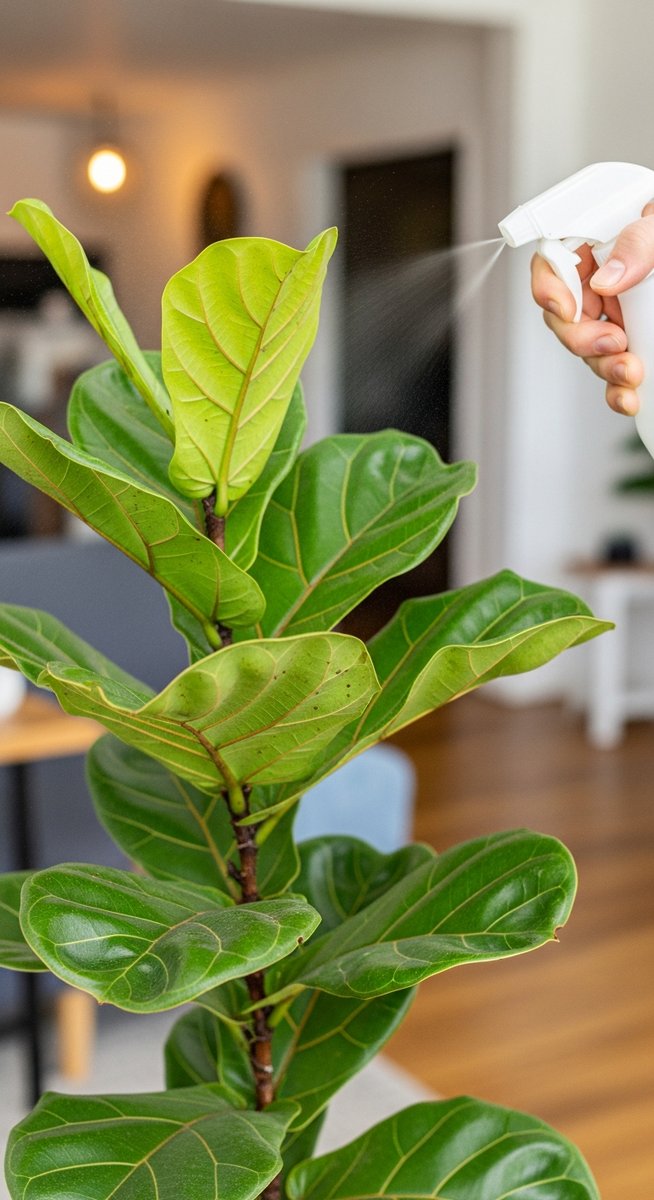 a fiddle leaf fig plant being treated with a spray bottle for pests, for underwatered fiddle leaf fig