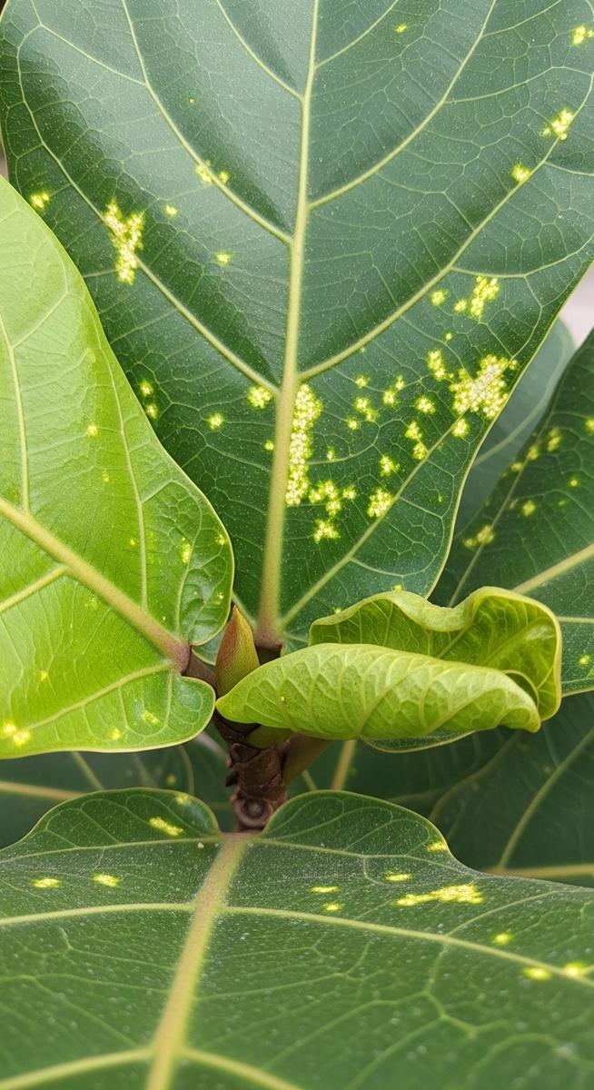 close-up of fiddle leaf fig leaves showing stippling from pest damage