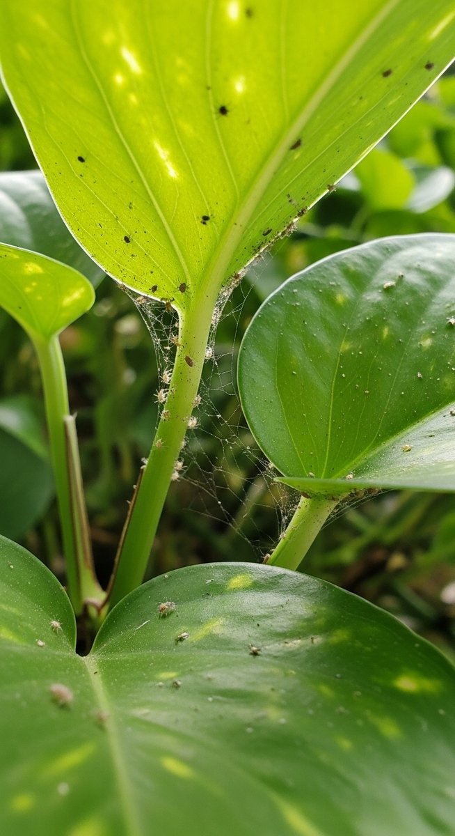close-up of the underside of pothos leaves showing pest insects