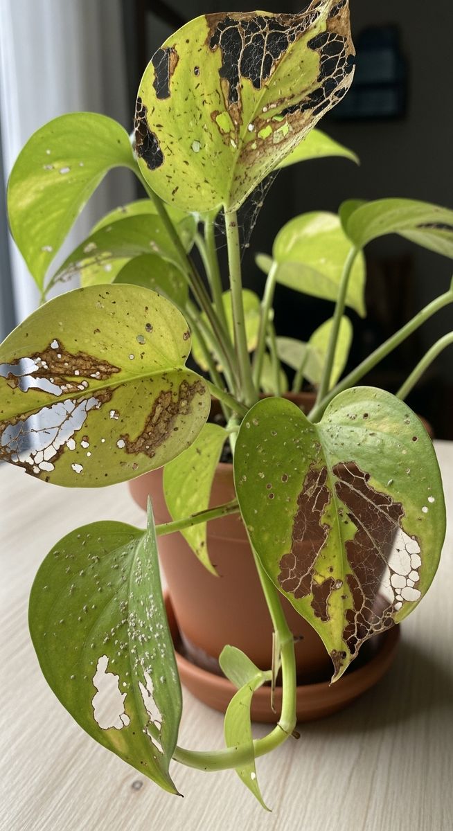 a pothos plant with visibly pest-damaged leaves, for underwatered pothos