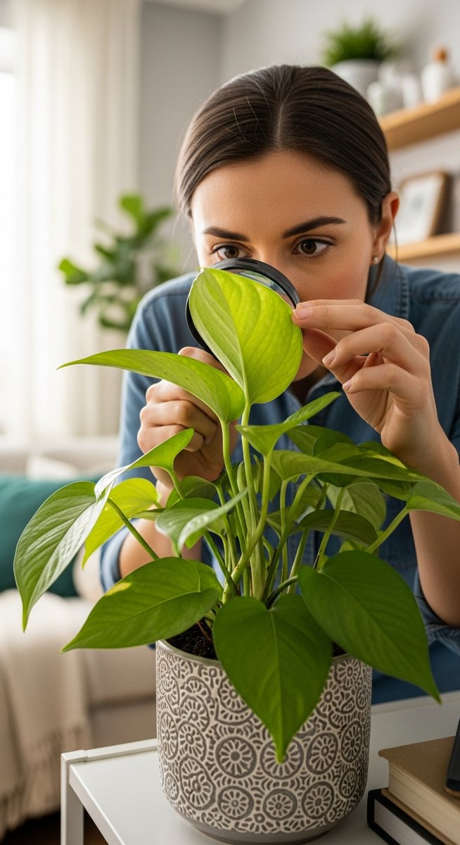 a person inspecting a pothos plant for signs of pest infestation, for underwatered pothos
