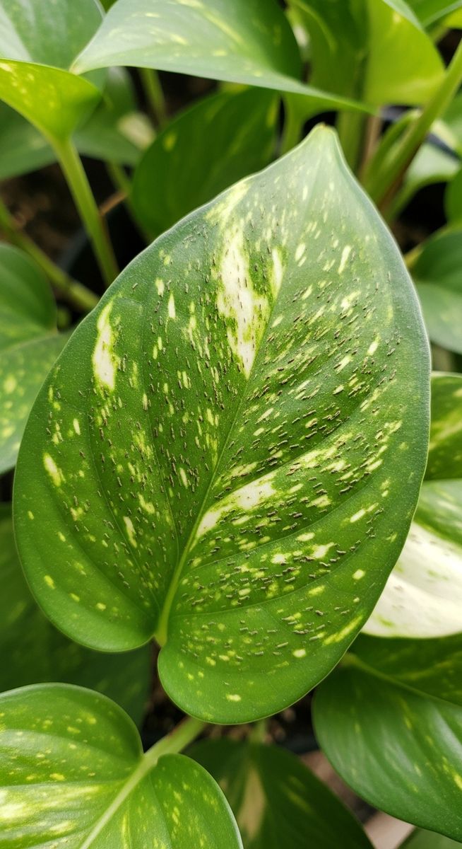 close-up of pothos leaves showing stippling from pest damage