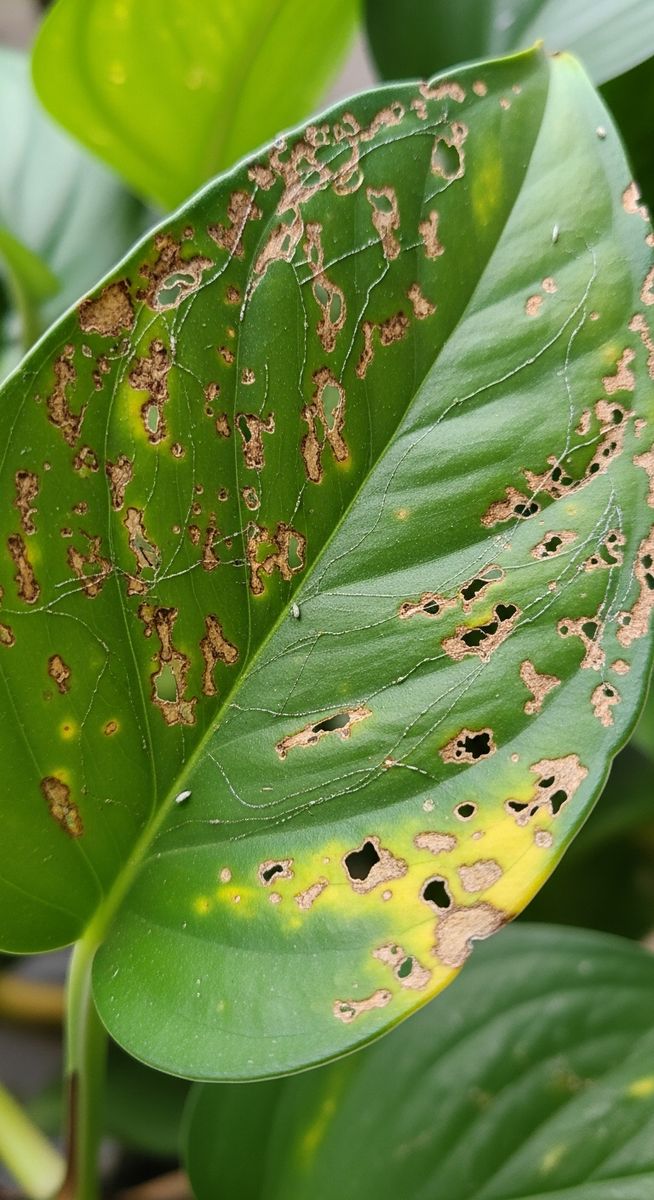 close-up of pest damage on a pothos leaf