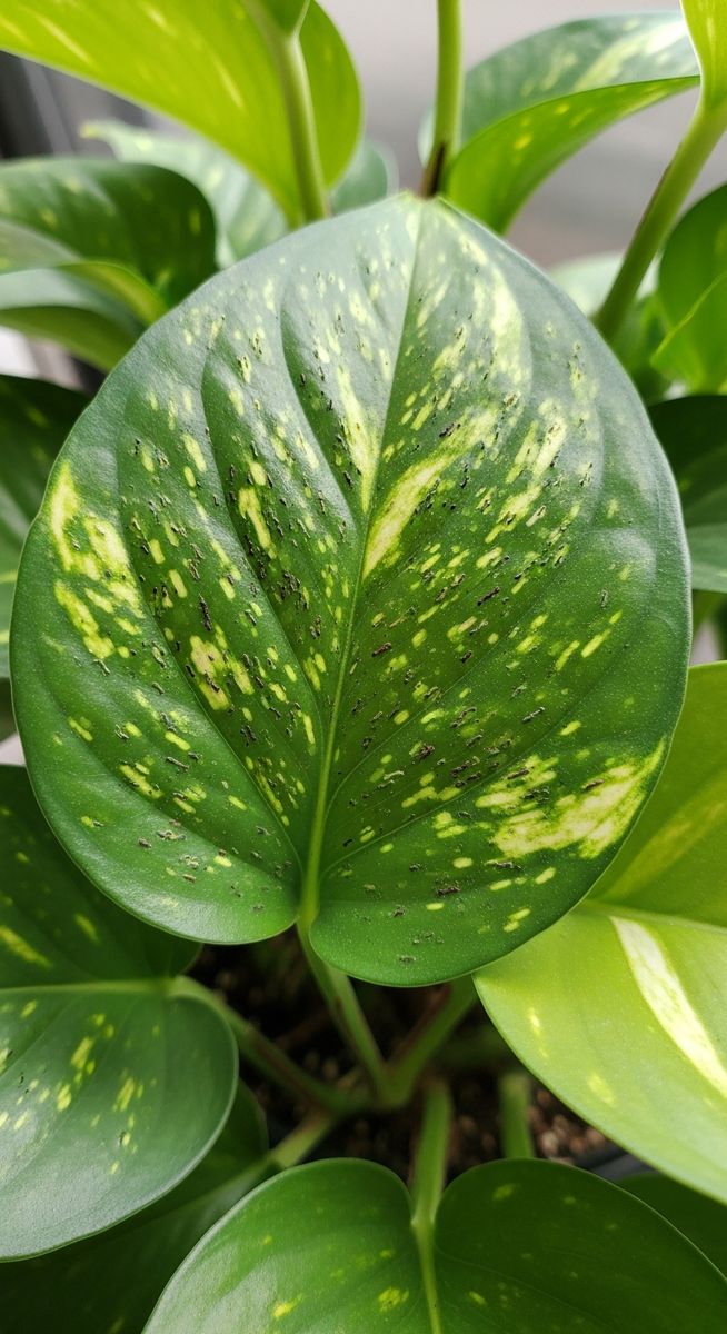 close-up of pothos leaves showing stippling from pest damage