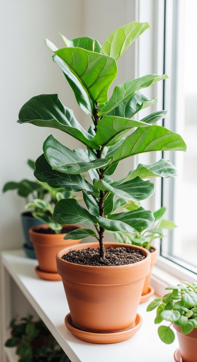 a lush fiddle leaf fig plant in a terracotta pot on a white shelf