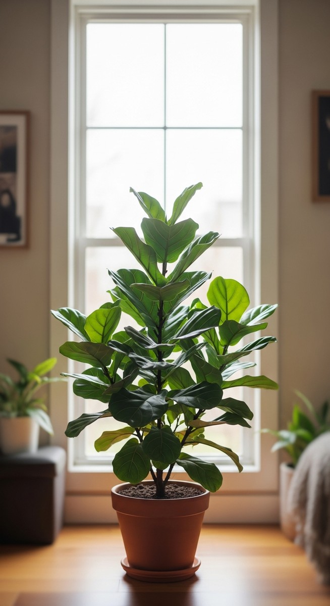 a fiddle leaf fig plant in a pot near a bright window