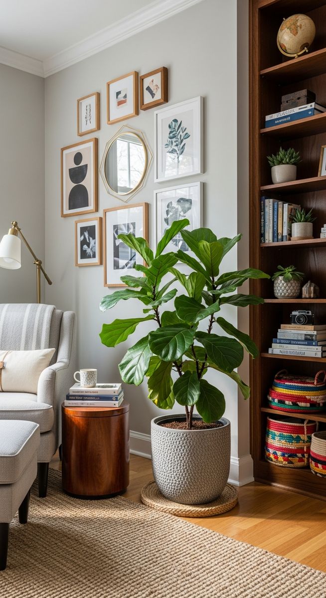 a large thriving fiddle leaf fig plant as a living room focal point, for variegated fiddle leaf fig care