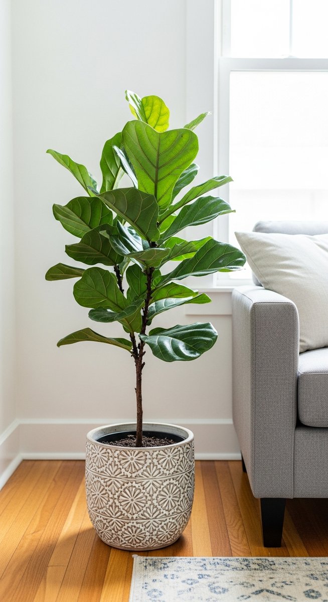a fiddle leaf fig plant in a decorative pot on a wooden floor