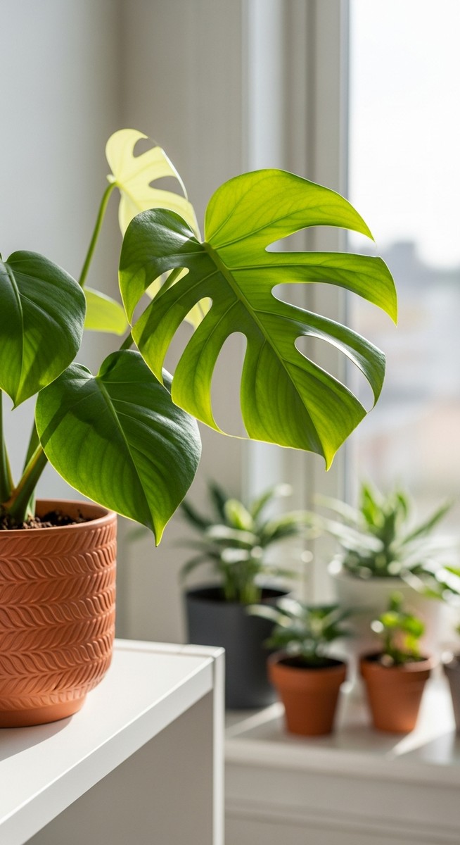 a lush monstera plant in a terracotta pot on a white shelf