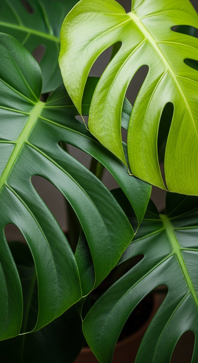 close-up of healthy monstera leaves showing vivid colour and texture, for variegated monstera
