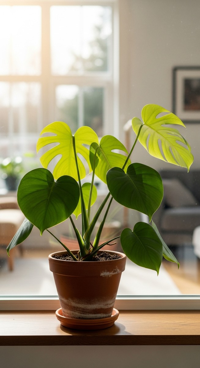 a monstera plant in a pot near a bright window
