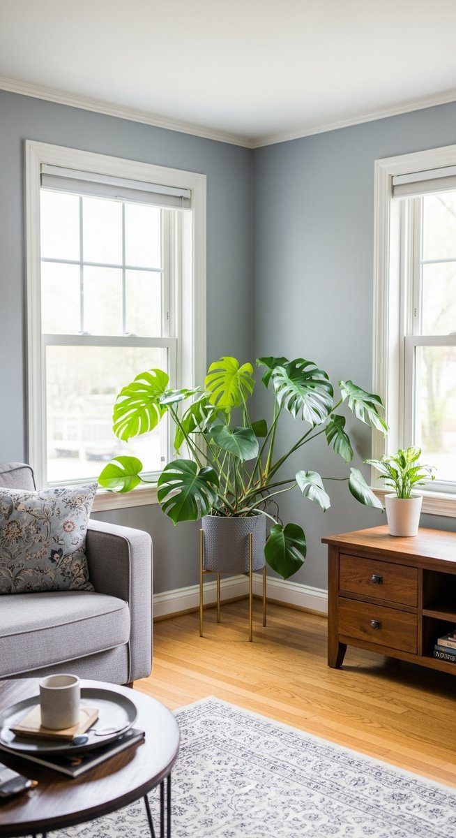 a large thriving monstera plant as a living room focal point, for variegated monstera