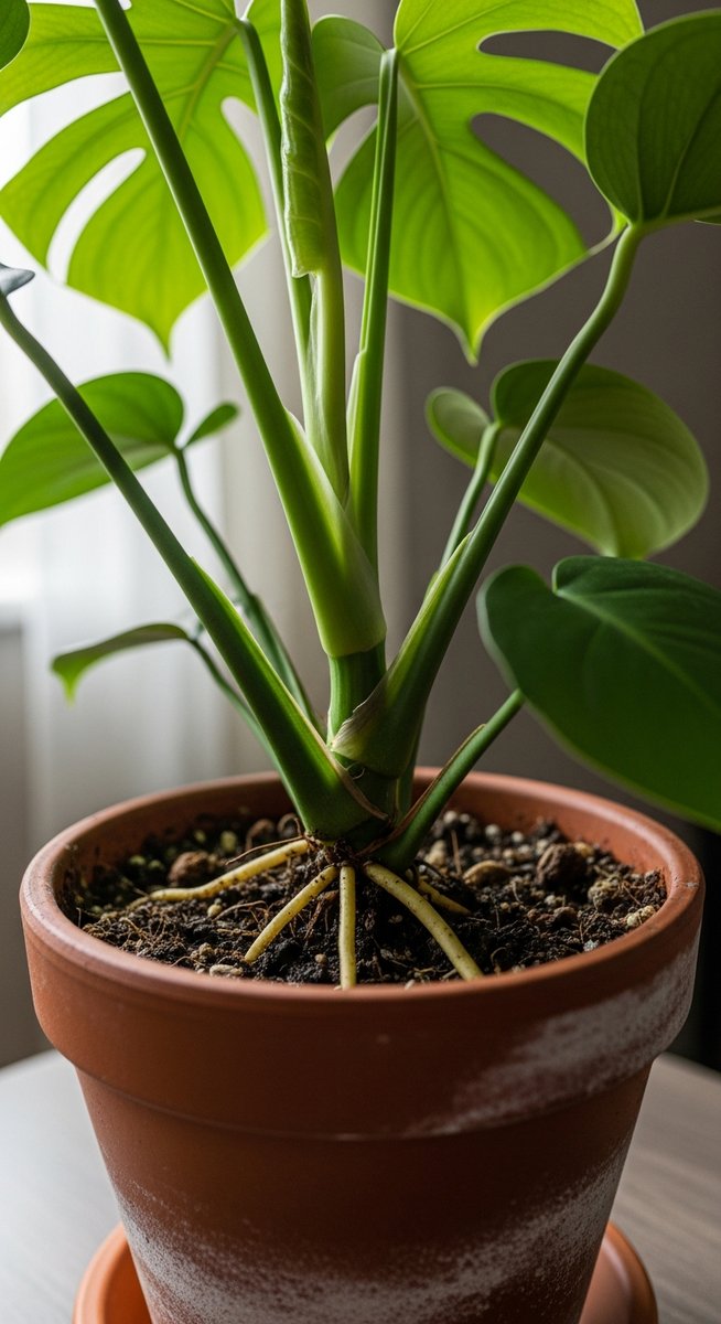 close-up of the base and lower leaves of a monstera plant, for variegated monstera