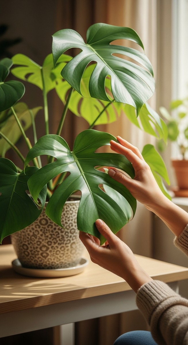 hands touching the leaves of a healthy monstera plant
