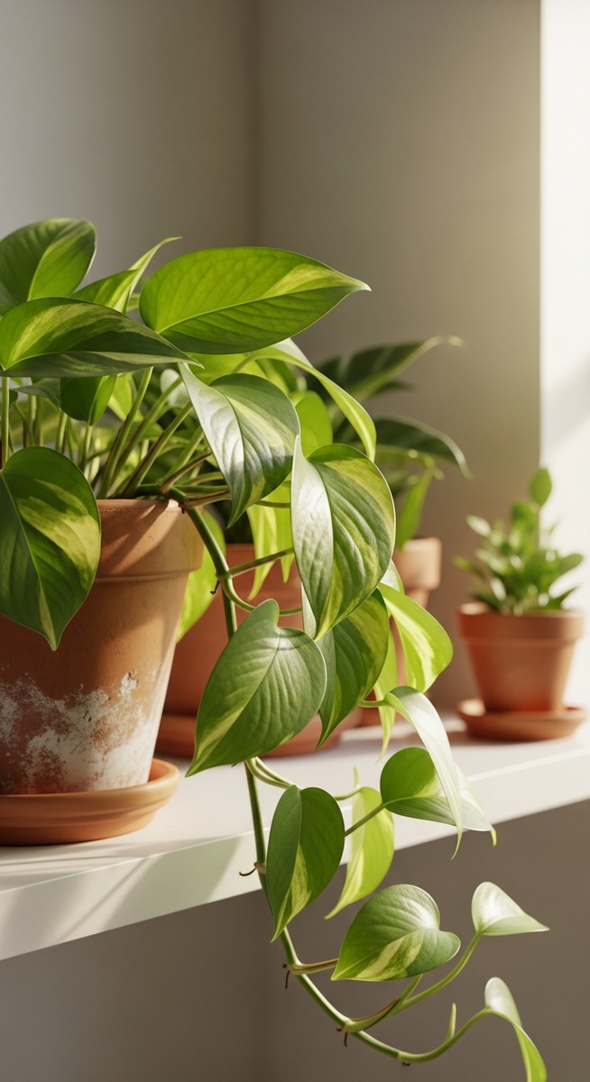 a lush pothos plant in a terracotta pot on a white shelf
