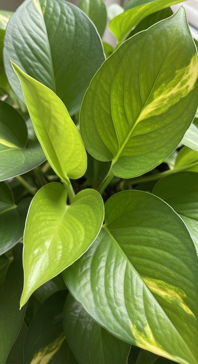close-up of healthy pothos leaves showing vivid colour and texture, for variegated pothos