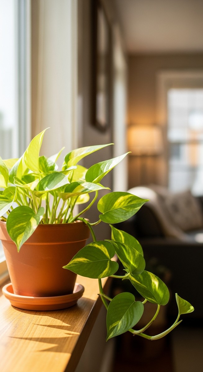 a pothos plant in a pot near a bright window