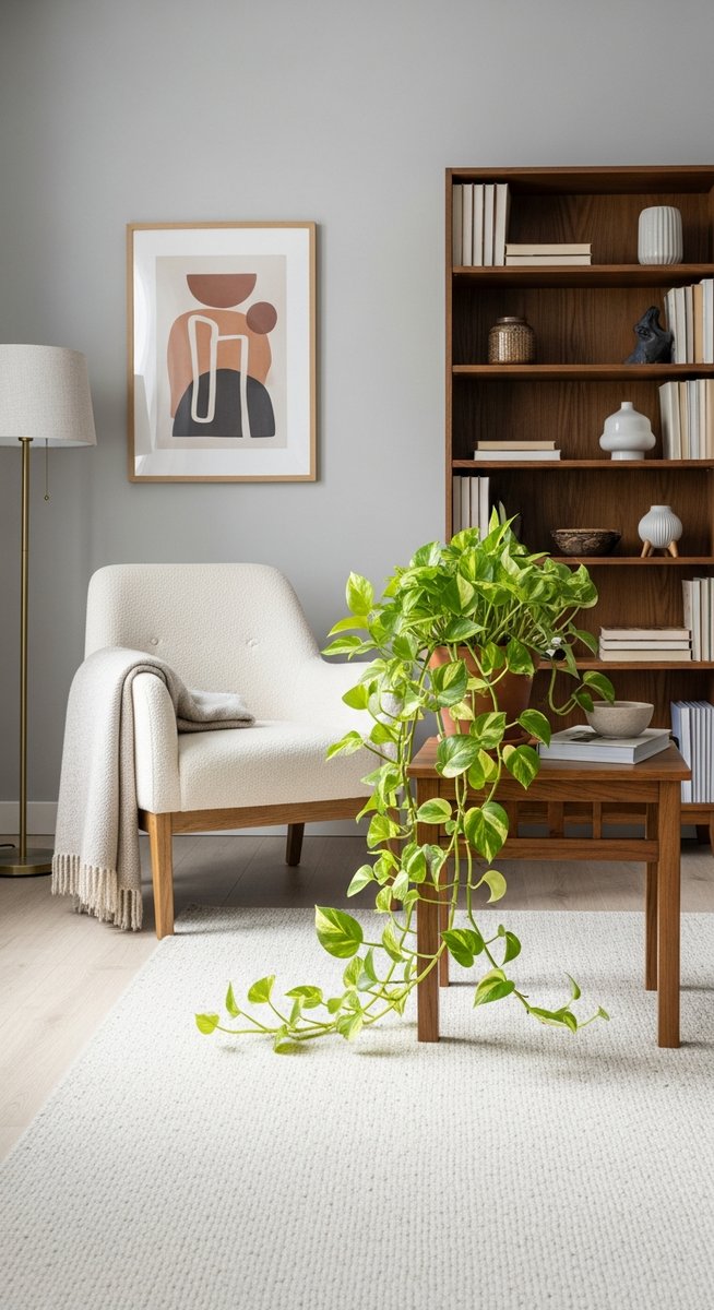 a large thriving pothos plant as a living room focal point, for variegated pothos