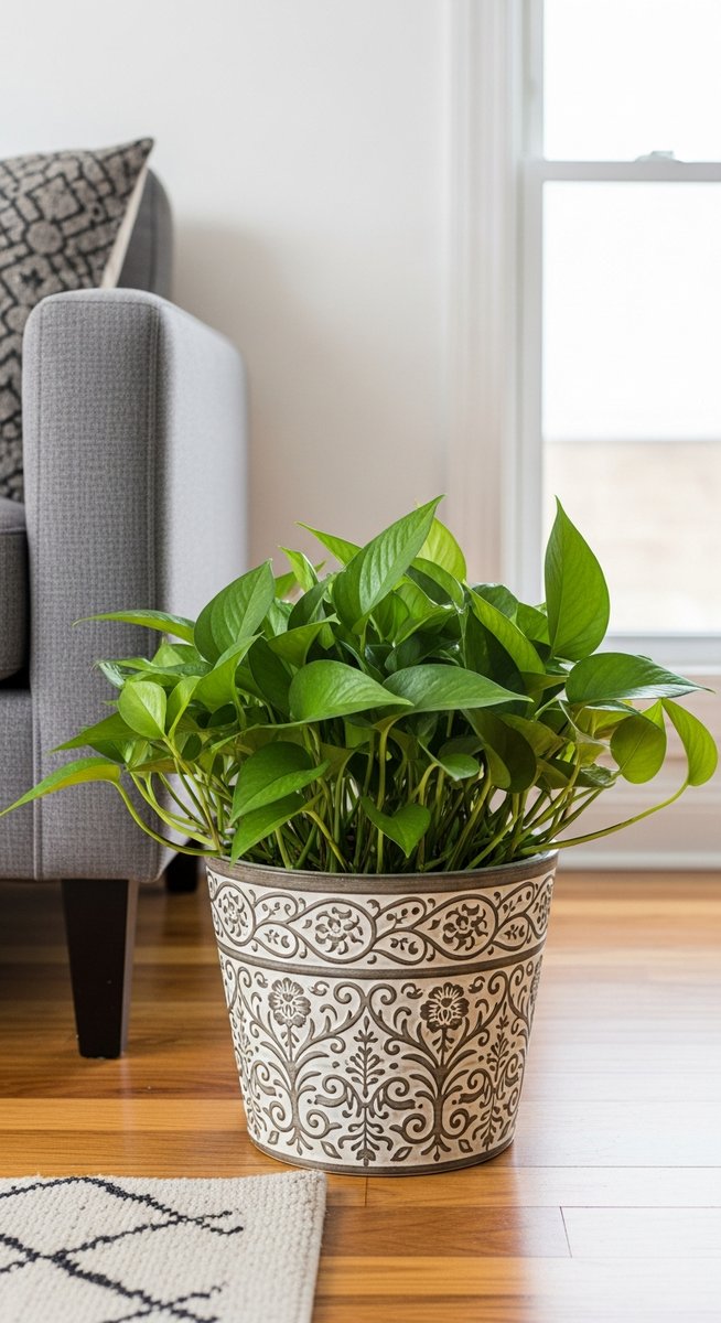 a pothos plant in a decorative pot on a wooden floor