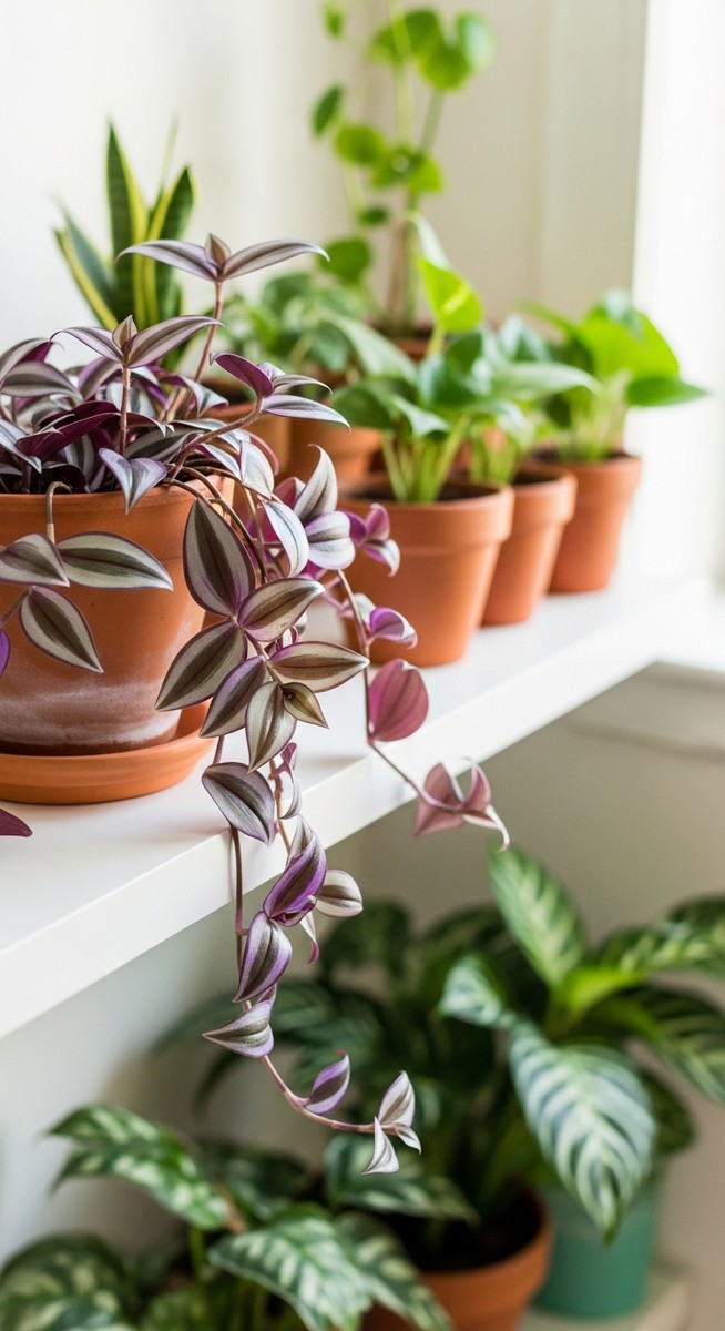 a lush wandering jew plant in a terracotta pot on a white shelf