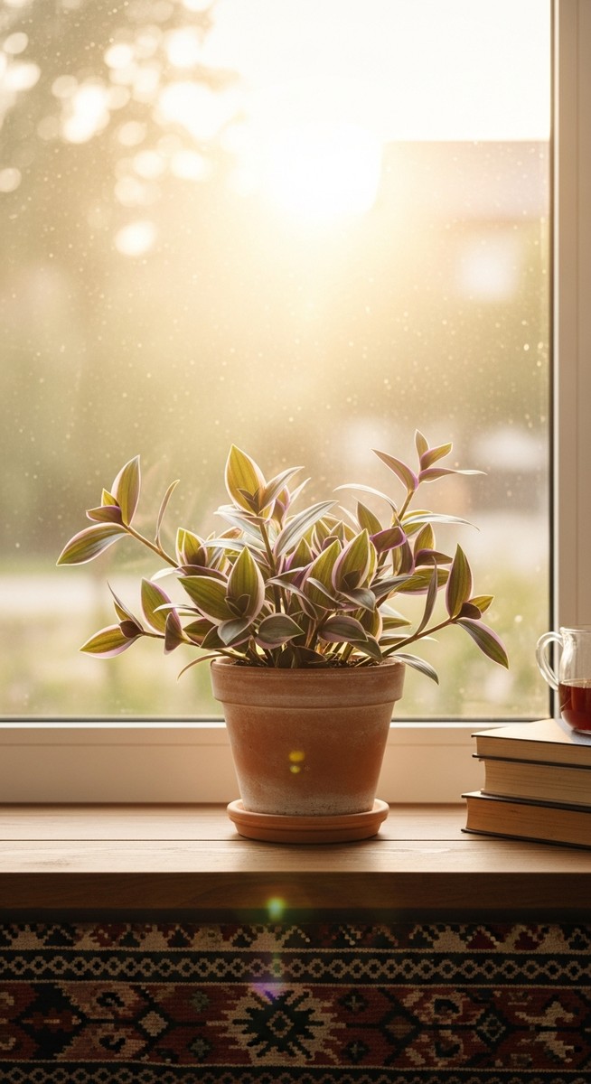 a wandering jew plant in a pot near a bright window