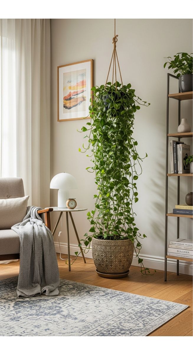 a large thriving wandering jew plant as a living room focal point, for wandering jew plant care