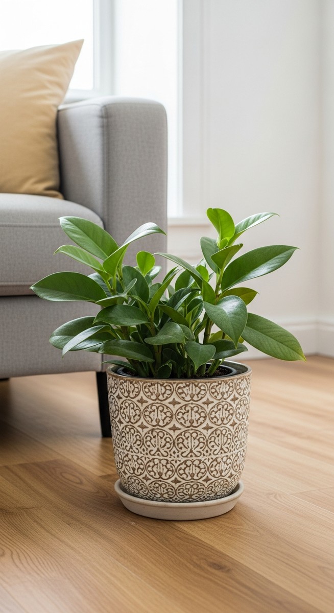 a wandering jew plant in a decorative pot on a wooden floor