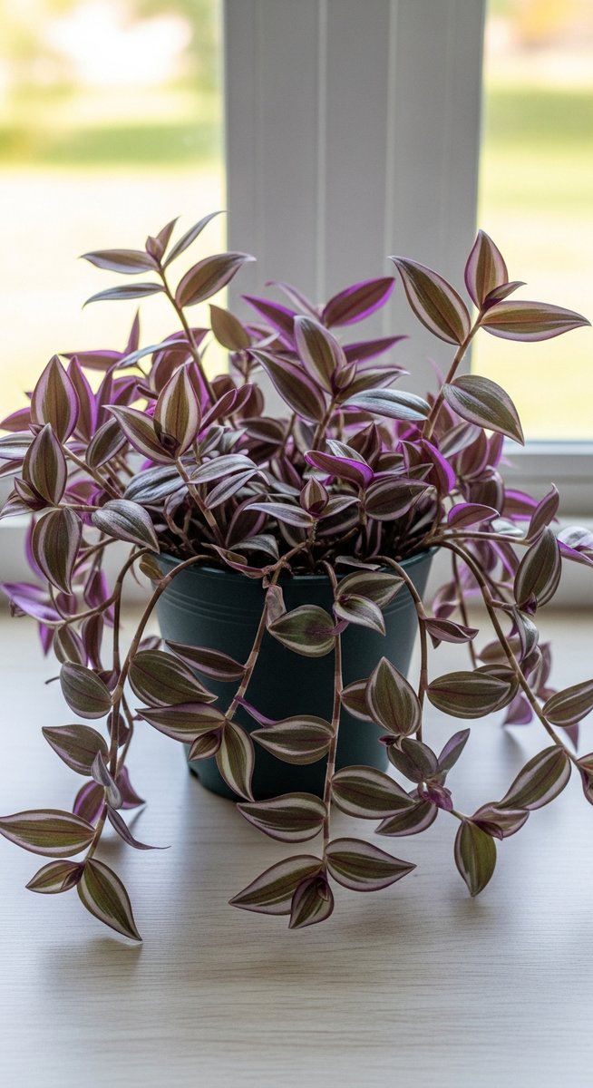 close-up of the base and lower leaves of a wandering jew plant, for wandering jew plant care