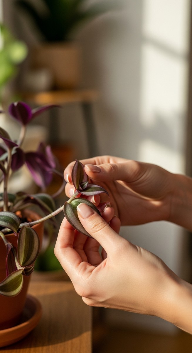 hands touching the leaves of a healthy wandering jew plant