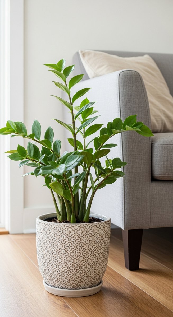 a wandering jew plant in a decorative pot on a wooden floor