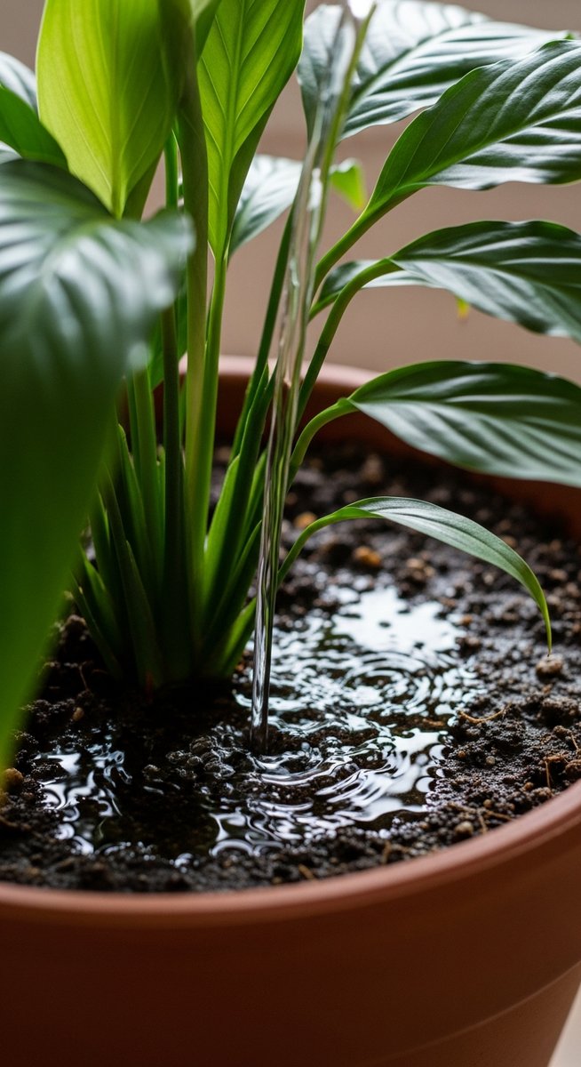 close-up of water being poured into the soil of a peace lilies plant