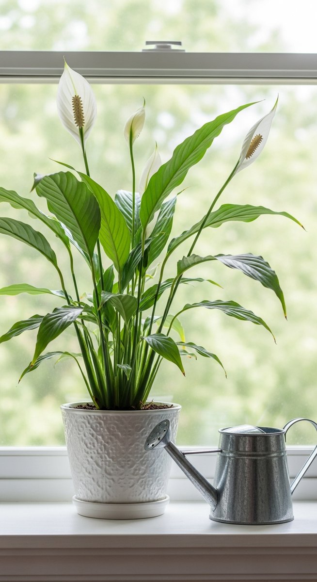 a peace lilies plant on a windowsill next to a small watering can