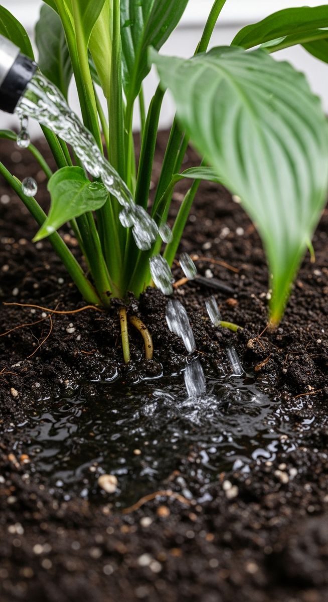 close-up of water soaking into the soil of a peace lilies plant, for watering peace lilies