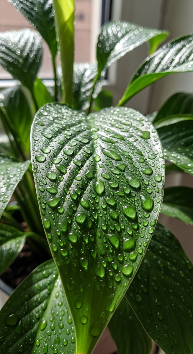 a peace lilies plant with water droplets on the leaves after watering